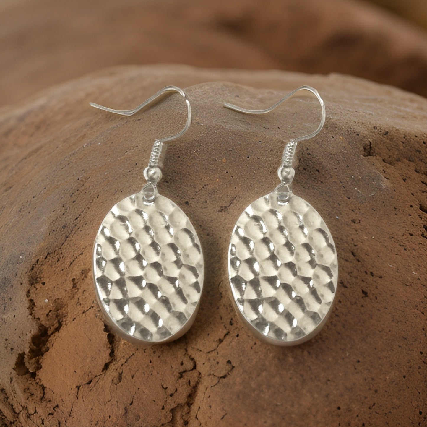 Hammered Small Flat Oval Dangle Earrings