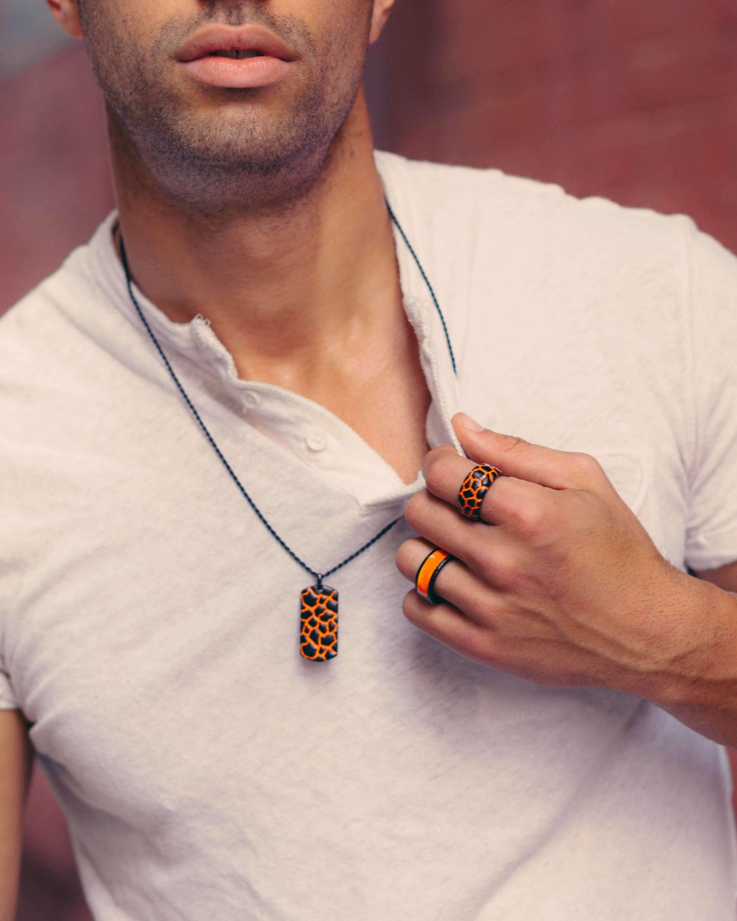 Earth & Fire Black Rhodium Plated Sterling Silver Textured Red Orange