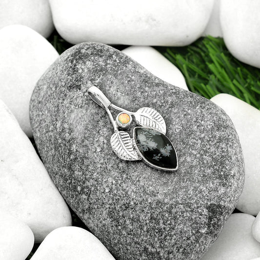 Natural Snow Flake Obsidian & Fire Opal Pendant P-1416 SDP111748