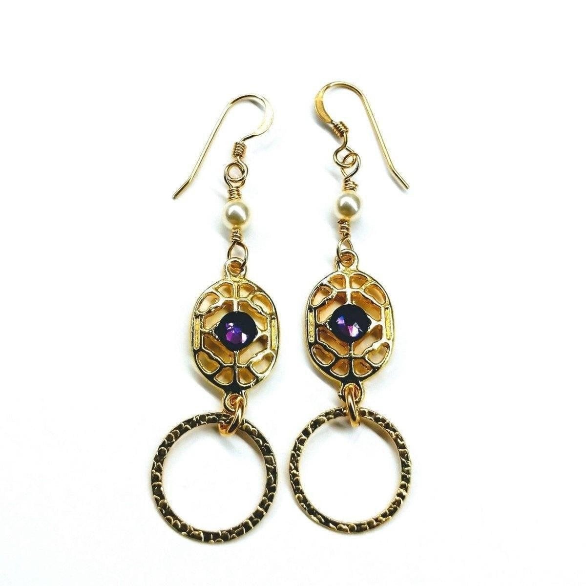 14 K Gold Filled Purple Crystal Hammered Circle Filigree Earrings