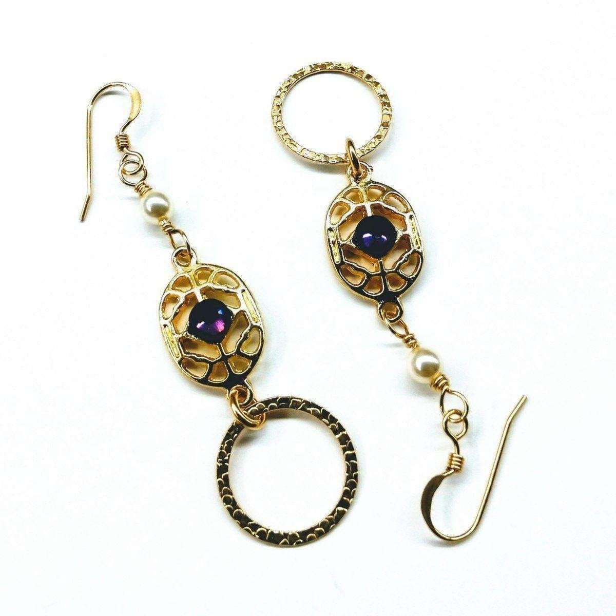 14 K Gold Filled Purple Crystal Hammered Circle Filigree Earrings