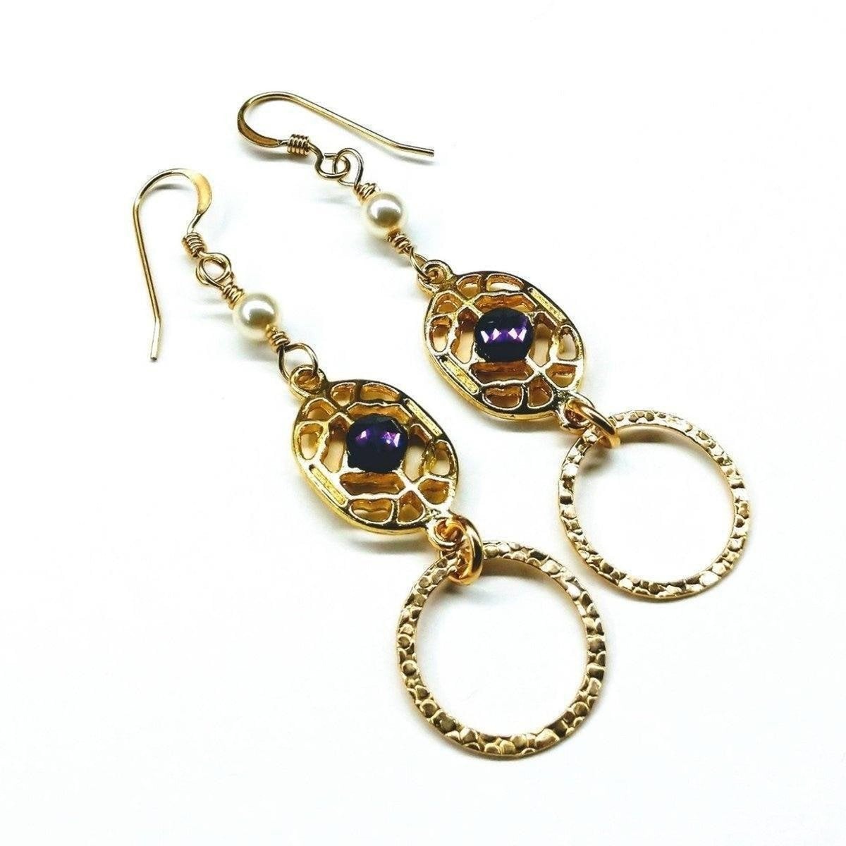 14 K Gold Filled Purple Crystal Hammered Circle Filigree Earrings