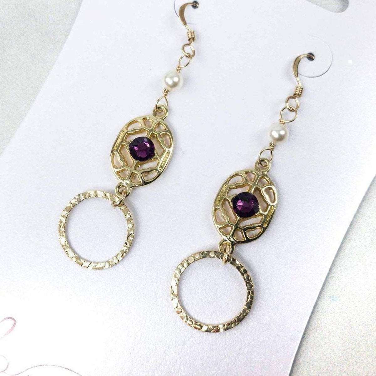 14 K Gold Filled Purple Crystal Hammered Circle Filigree Earrings