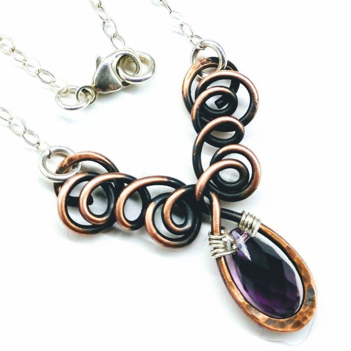 Sterling Silver and Copper Wire Sculpted Amethyst Crystal Drop