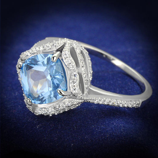 TS419 - Rhodium 925 Sterling Silver Ring with Synthetic Spinel in Sea