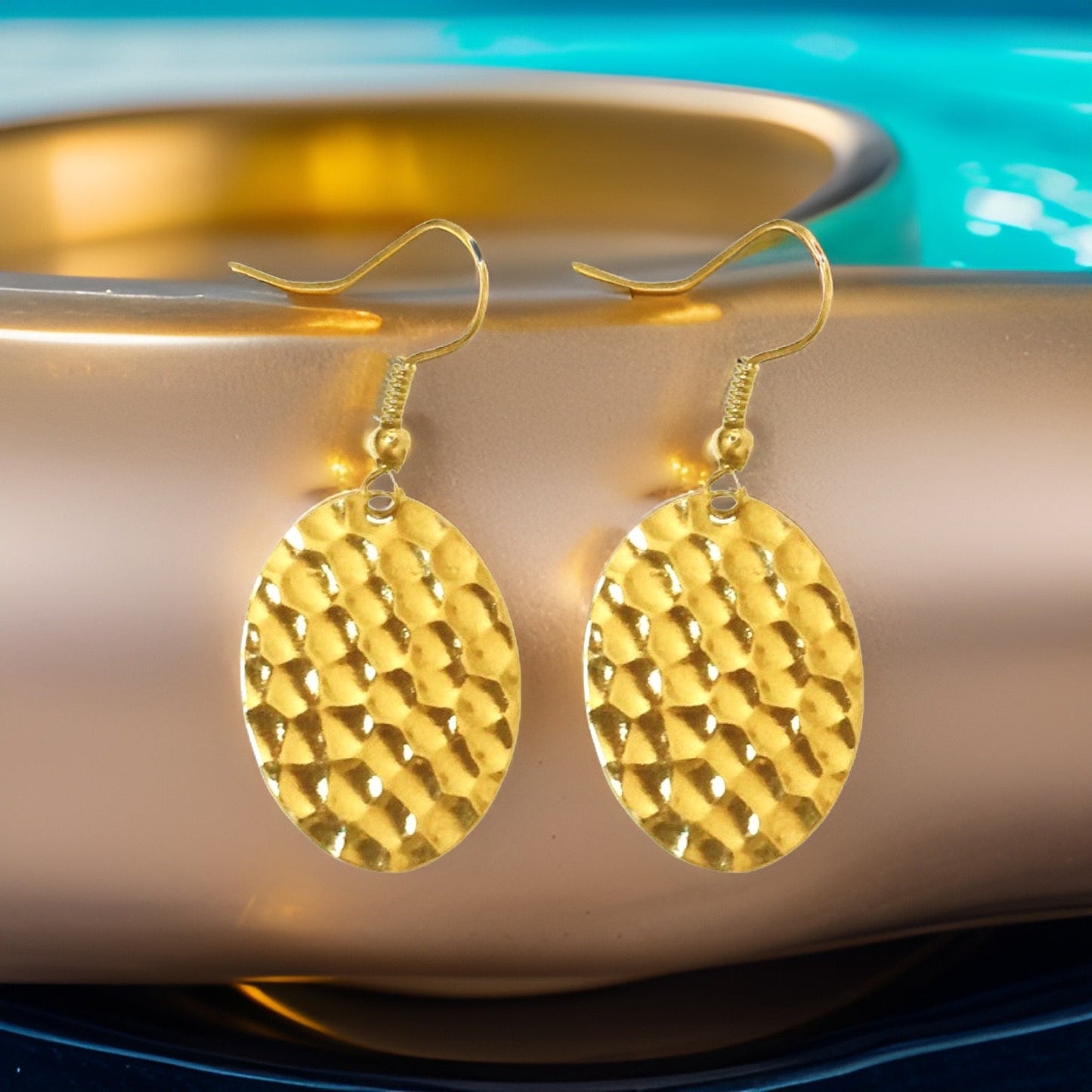 Hammered Small Flat Oval Dangle Earrings