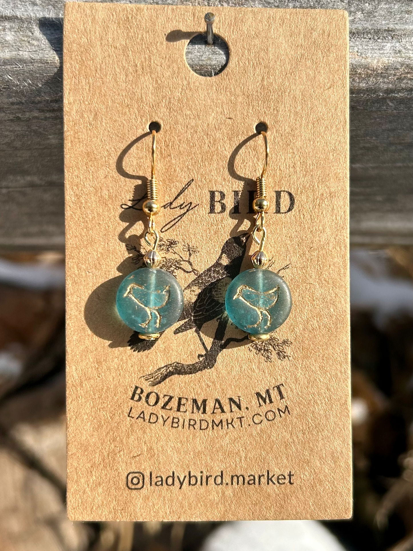 Translucent Sea Blue and Gold Etched Glass Birdy Earrings