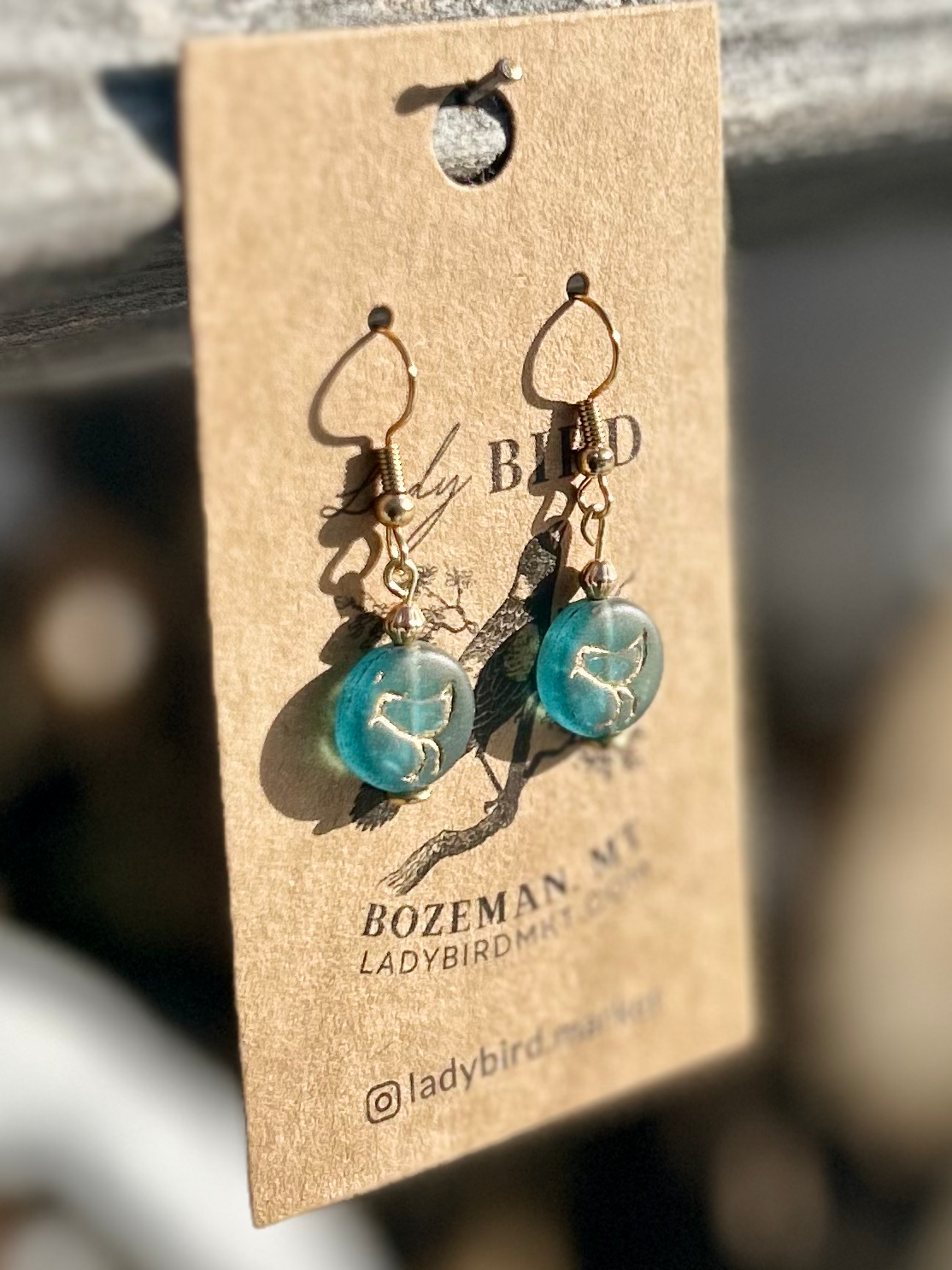 Translucent Sea Blue and Gold Etched Glass Birdy Earrings