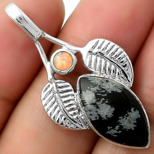 Natural Snow Flake Obsidian & Fire Opal Pendant P-1416 SDP111748
