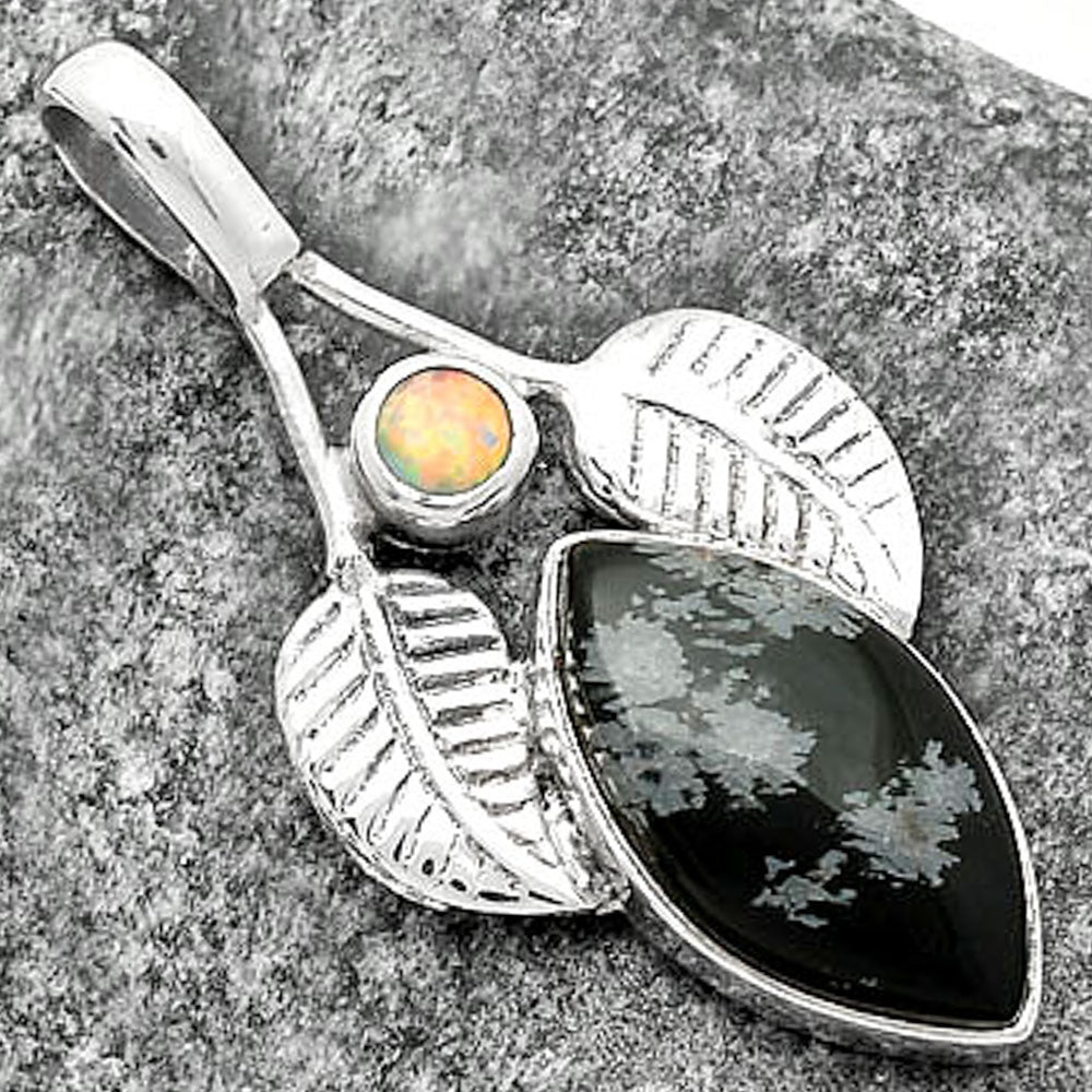 Natural Snow Flake Obsidian & Fire Opal Pendant P-1416 SDP111748