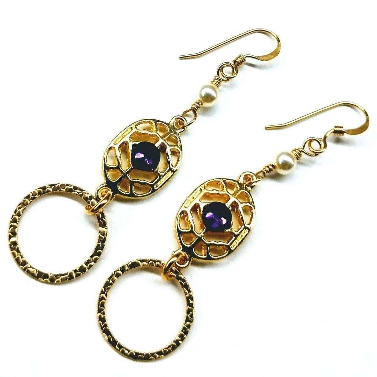 14 K Gold Filled Purple Crystal Hammered Circle Filigree Earrings
