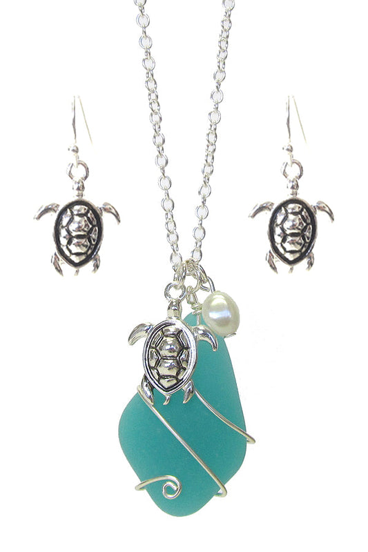 SEA GLASS WIRE WRAP AND FRESH WATER PEARL PENDANT NECKLACE SET -