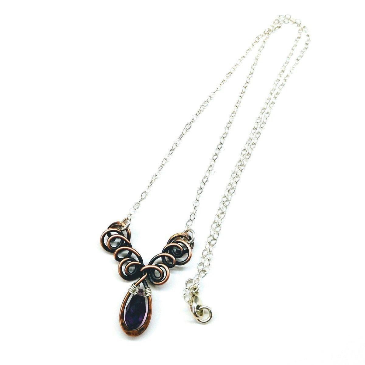 Sterling Silver and Copper Wire Sculpted Amethyst Crystal Drop