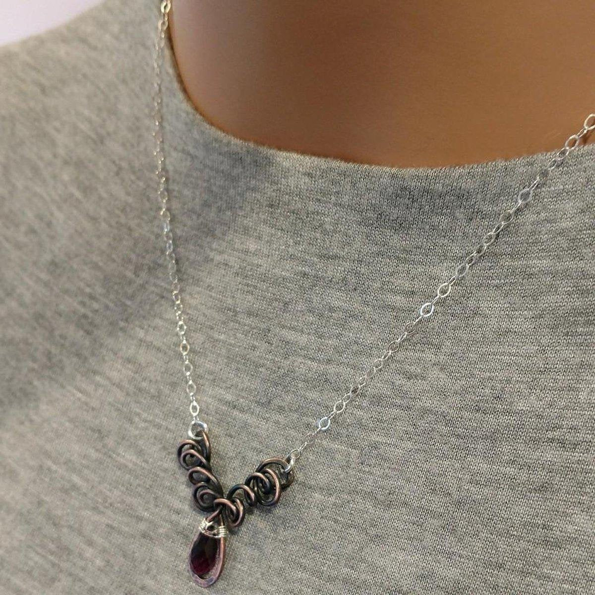 Sterling Silver and Copper Wire Sculpted Amethyst Crystal Drop